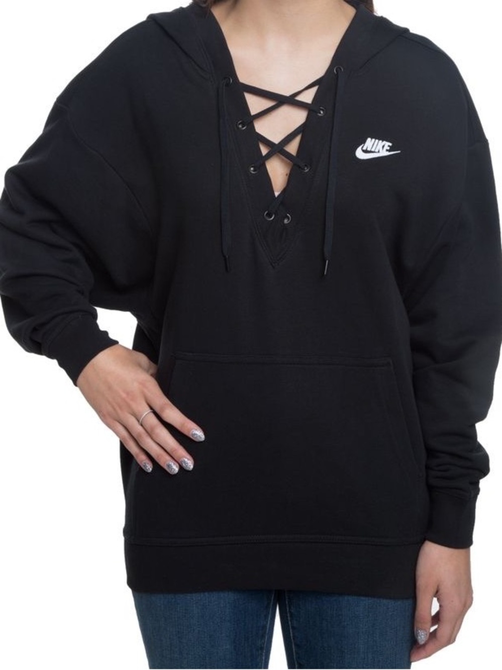 Nike Black Women's Lace-Up V-Neck Hoodie